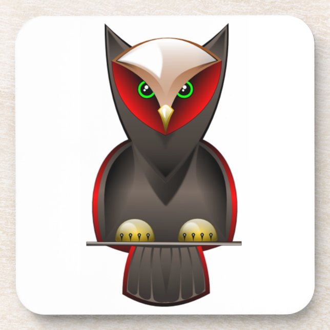 Ninja Owl in Red Green and Brown Drink Coaster (Front)