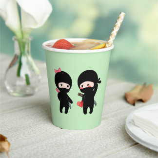Ninja Pair, a Boy and a Girl on Green Paper Cups