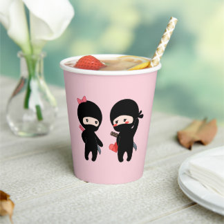 Ninja Pair, a Boy and a Girl on Pink Paper Cups