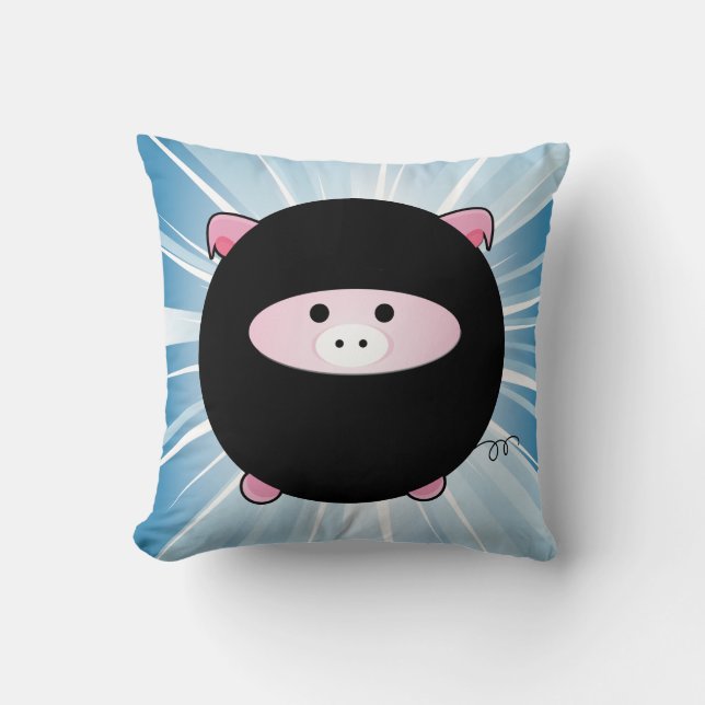 Ninja Pig on Blue Throw Pillow (Front)