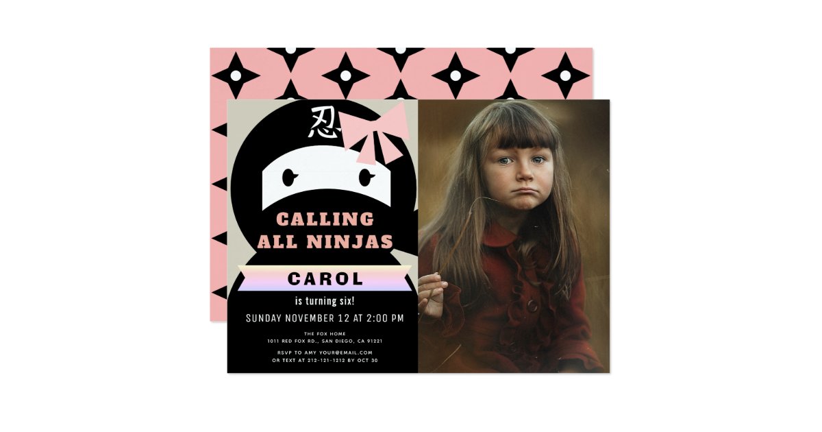 Ninja Pink Black Girl Photo Birthday Invitation Zazzle Com