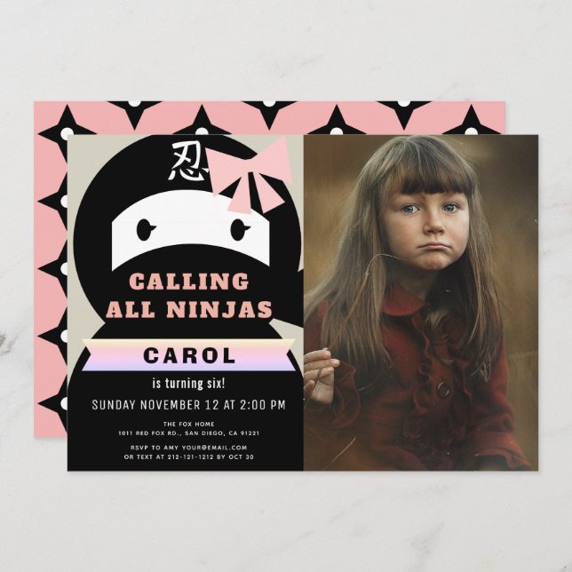 Ninja Pink & Black Girl Photo Birthday Invitation (Front/Back)