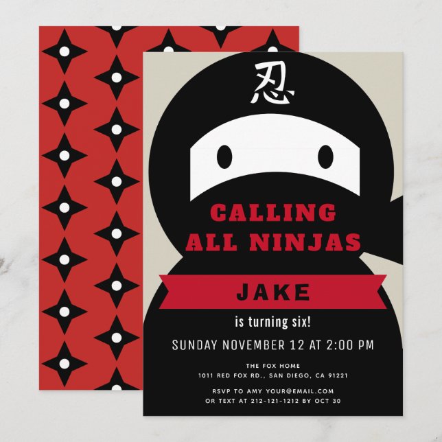 Ninja Red & Black Boy Birthday Invitation (Front/Back)