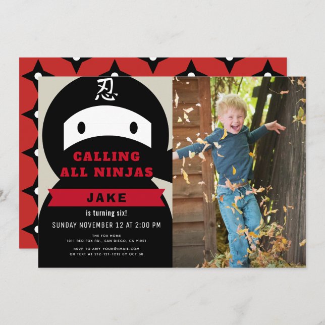 Ninja Red & Black Boy Photo Birthday Invitation (Front/Back)