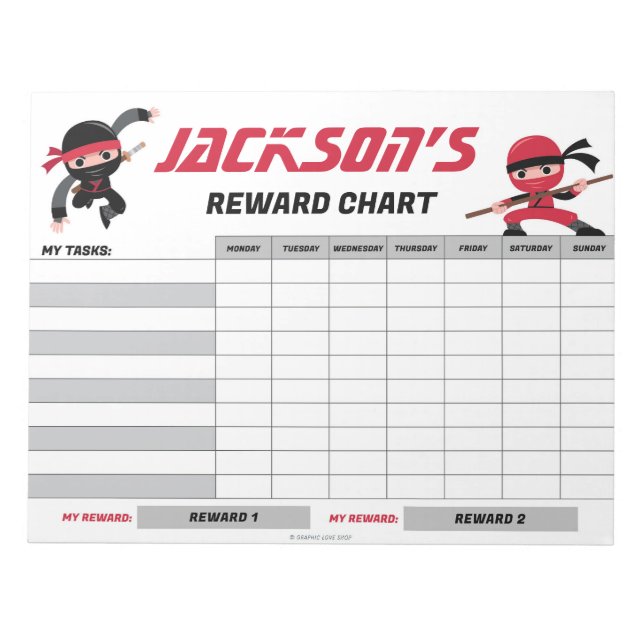 Ninja Red Black Reward Chart Personalized Tasks Notepad (Front)