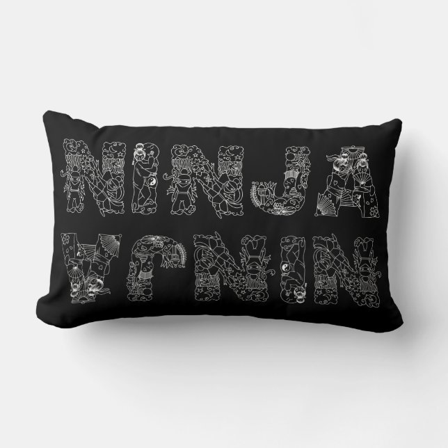 Ninja Stylish White Text On Black Lumbar Pillow (Front)