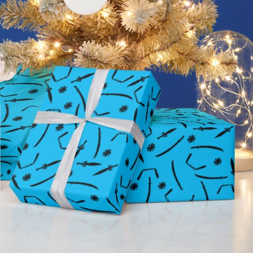 Ninja Sword and Throwing Stars Pattern Black Blue Wrapping Paper