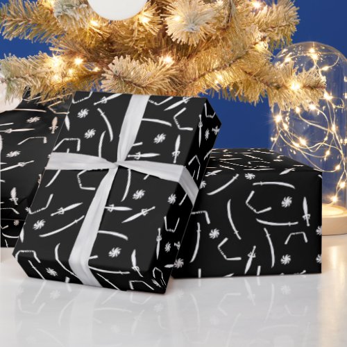 Ninja Swords Throwing Stars Pattern and White Wrapping Paper