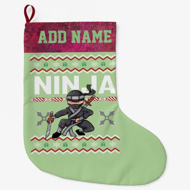 Ninja Ugly Christmas Sweater Large Christmas Stocking (Front)