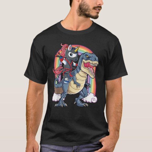 Ninja Unicorn Riding Dinosaur T rex T_Shirt