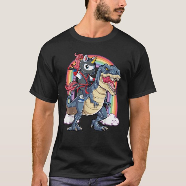 Ninja Unicorn Riding Dinosaur T rex T-Shirt (Front)