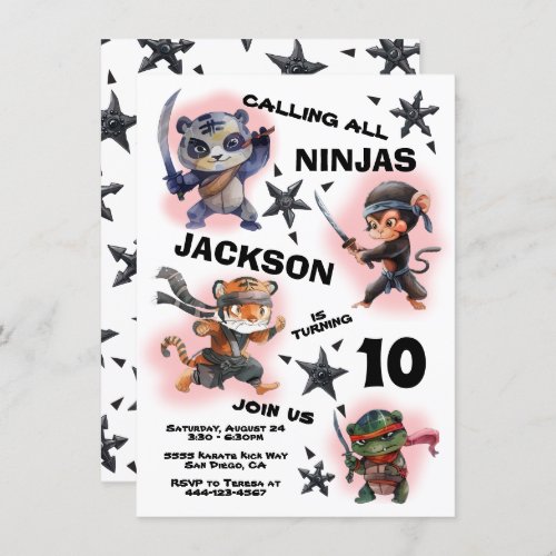 Ninja Warrior Animals Birthday Party Invitation