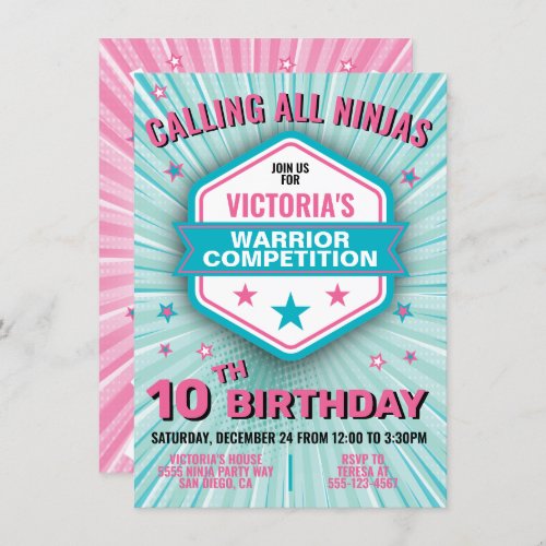 Ninja warrior birthday party girl invitation