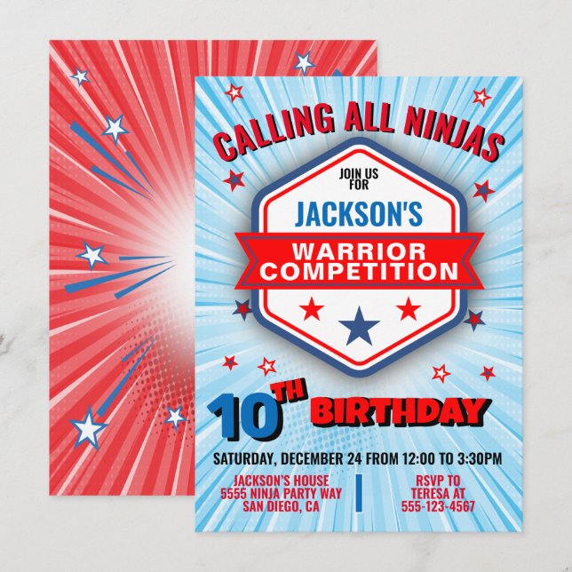 Ninja warrior birthday party invitation (Front/Back)