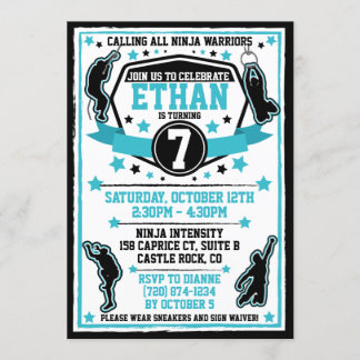 Ninja Warrior Boy Birthday Party Black & Teal Invitation