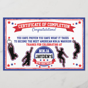 Ninja Warrior Boys Party Certificate of Completion