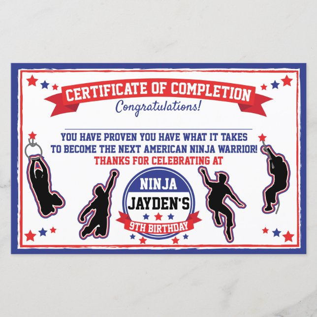 Ninja Warrior Boys Party Certificate of Completion (Front)