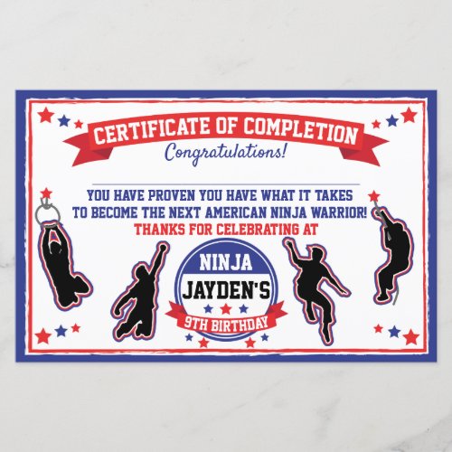 Ninja Warrior Boys Party Certificate of Completion
