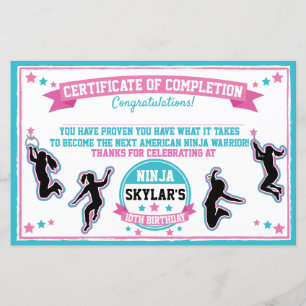 Ninja Warrior Girl Party Certificate of Completion