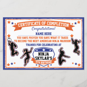 Ninja Warrior Girl Party Certificate of Completion
