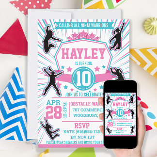 Ninja Warrior Girls Birthday Party Obstacle Course Invitation