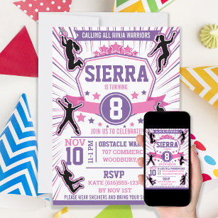 Ninja Warrior Girls Birthday Party Obstacle Course Invitation