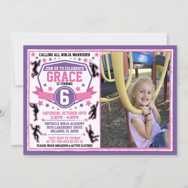 Ninja Warrior Girls Birthday Photo Invitation (Front)