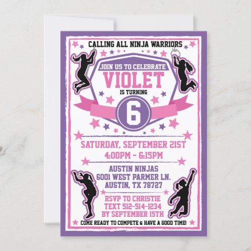 Ninja Warrior Girls Pink  Purple Birthday Party Invitation
