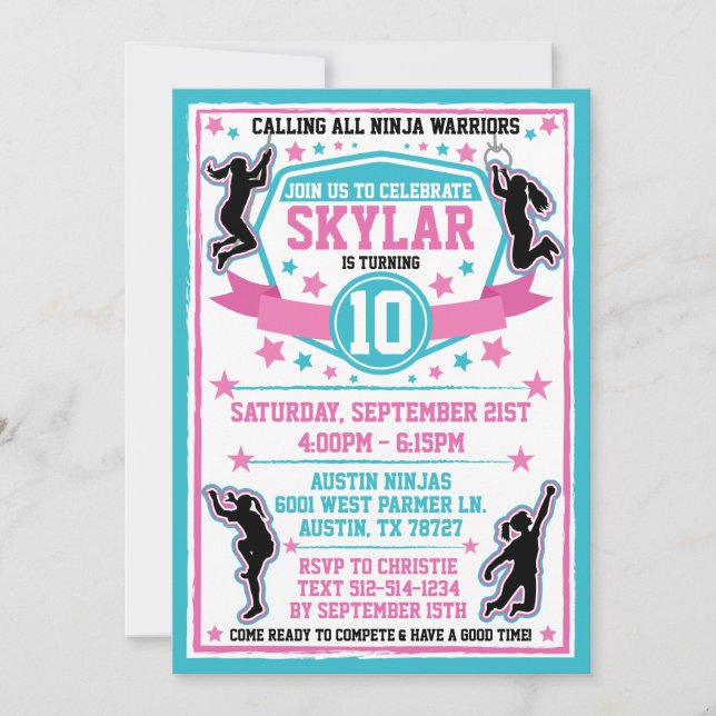 Ninja Warrior Girls Pink Teal Birthday Party Invitation (Front)