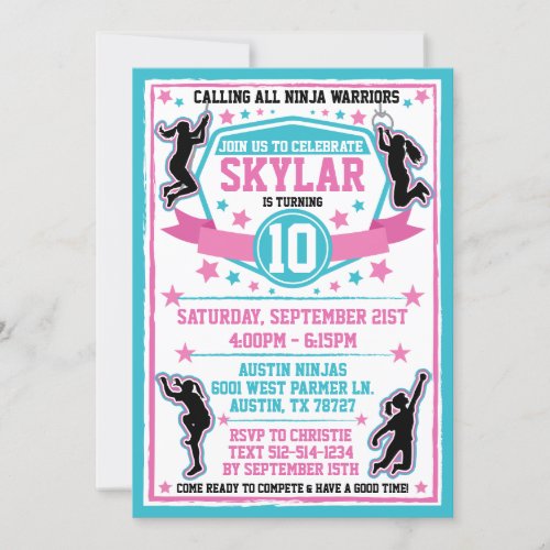 Ninja Warrior Girls Pink Teal Birthday Party Invitation