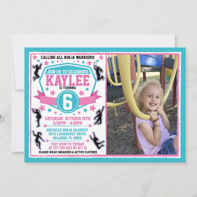 Ninja Warrior Girls Pink Teal Birthday Photo Invitation (Front)