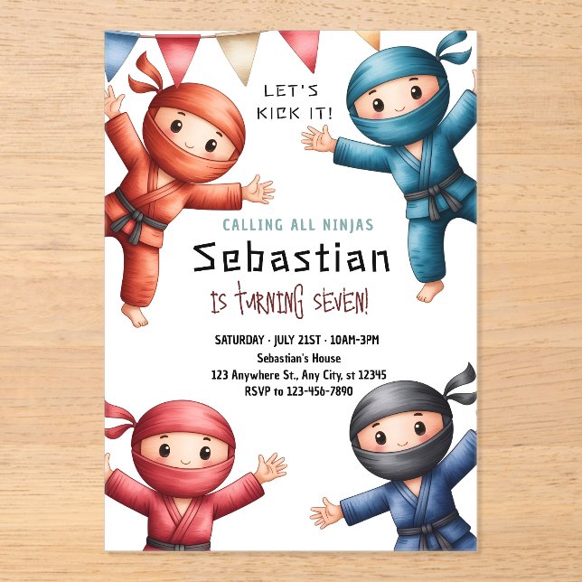 Ninja Warriors Karate Birthday Acrylic Invitations (Front)