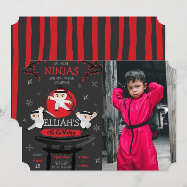 Ninja Warriors On Rooftop Birthday Photo Invitation (Front/Back)