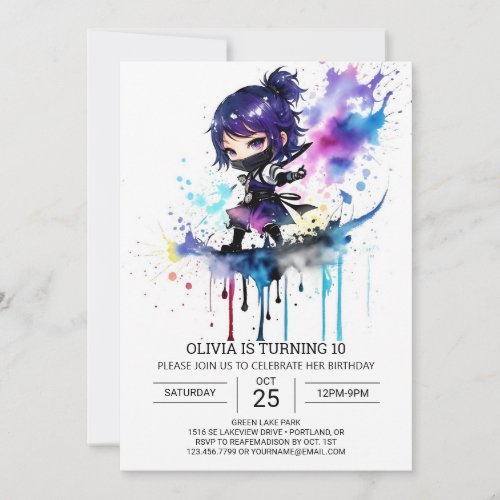 Ninja Watercolor Girly Birthday Invitation