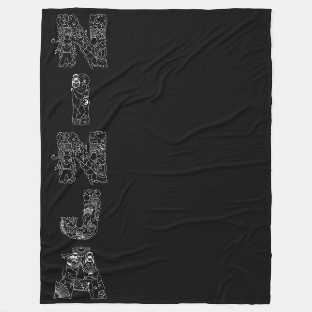 Ninja White Artsy Text On Black Fleece Blanket (Front)