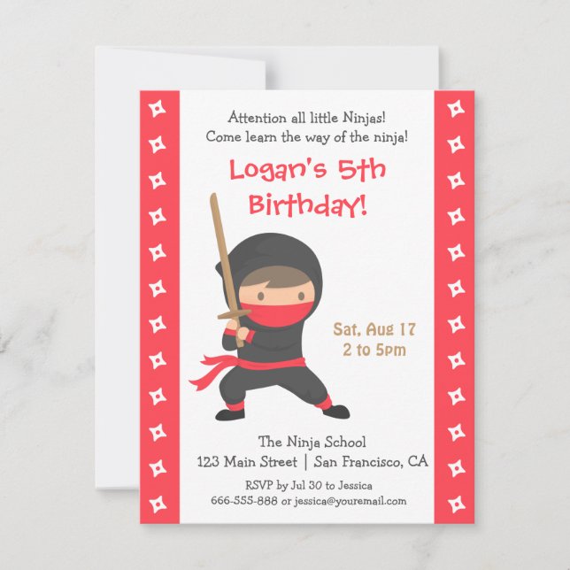 Ninja with Katana Kids Birthday Party Invitations (Front)