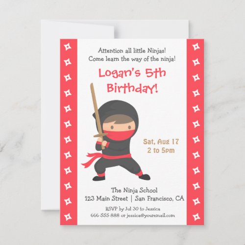 Ninja with Katana Kids Birthday Party Invitations