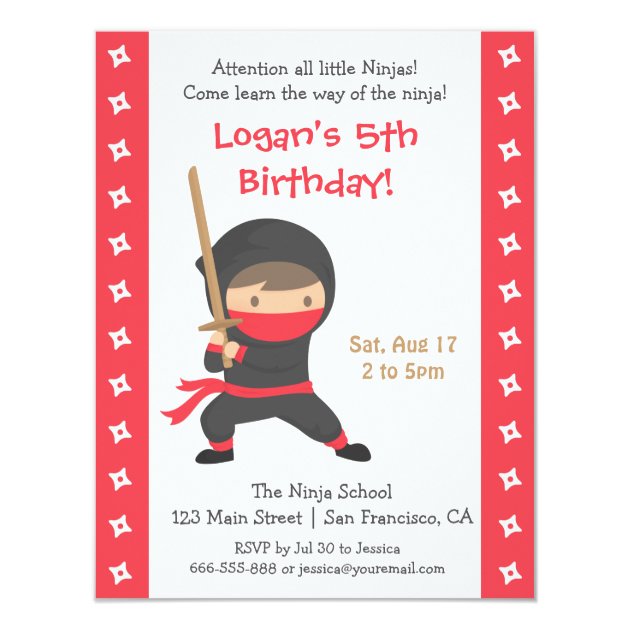 Ninja With Katana Kids Birthday Party Invitations