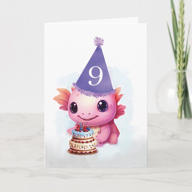 Ninth 9th Birthday Cute Pink Axolotl Card (Front)