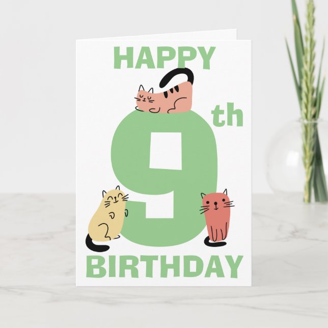 Ninth (9th) Birthday Doodle Cats Custom Message Card (Front)