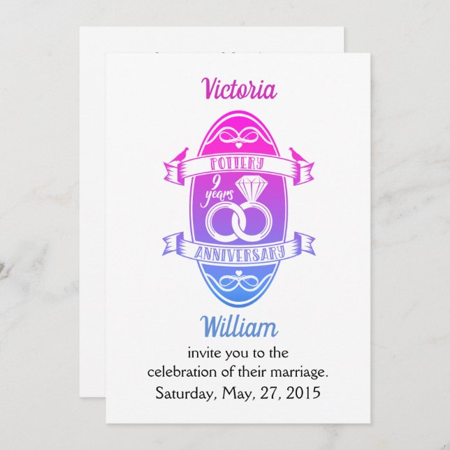 Ninth 9th wedding anniversary traditional pottery invitation (Front/Back)