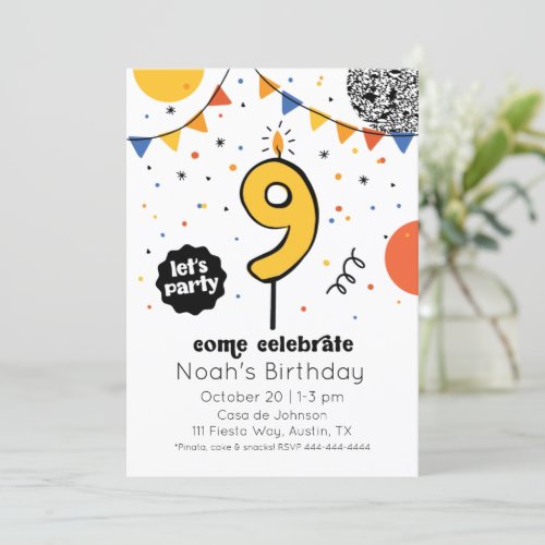 Ninth Birthday Candle Doodle Invitation