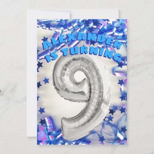 Ninth Birthday Silver and Blue Age 9 Boys Party Invitation