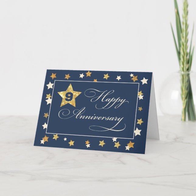Ninth Employee Anniversary Navy Gold Effect Stars Card (Front)
