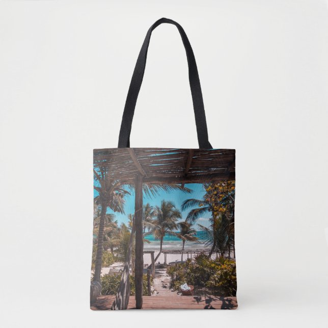 Nipa hut under coconut palm trees tote bag (Front)