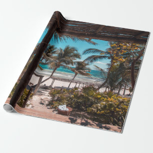 Nipa hut under coconut palm trees wrapping paper