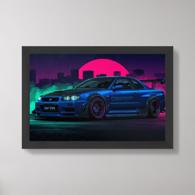 Nissan GTR R34 Poster – Neon Night City Skyline (Framed Front)