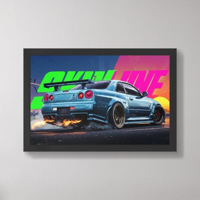 Nissan Skyline GTR R34 Poster – Bayside Blue (Framed Front)