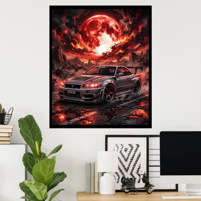 Nissan Skyline R34 Under a Crimson Moon Poster (Home Office)