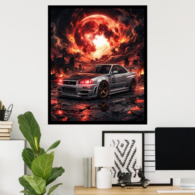 Nissan Skyline R34 Under a Crimson Moon Poster (Home Office)